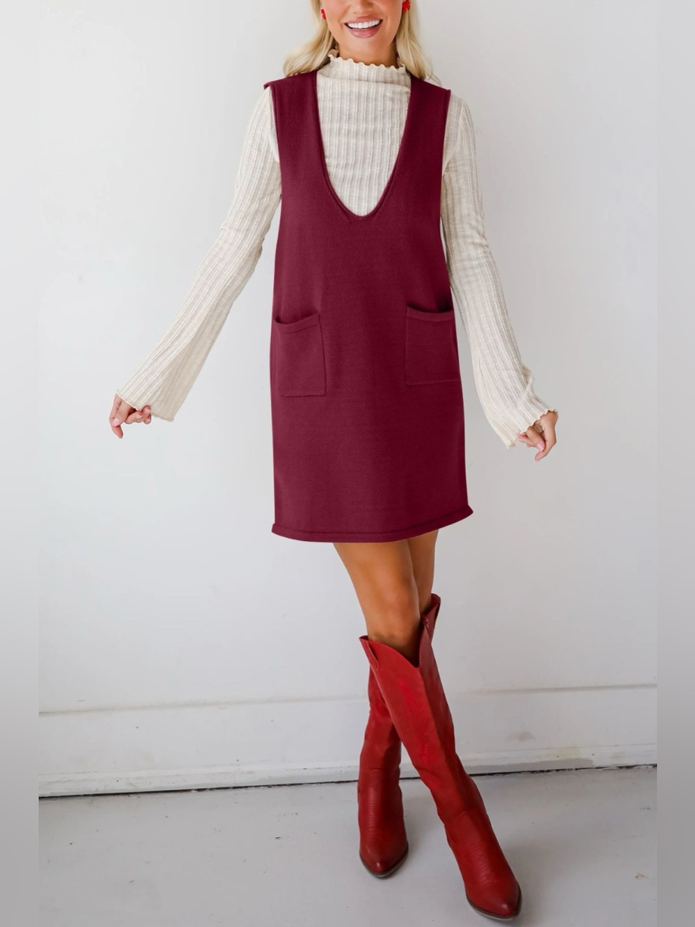 Lovelet Pocketed V-Neck Mini Sweater Overall Dress - Picture 7 of 16